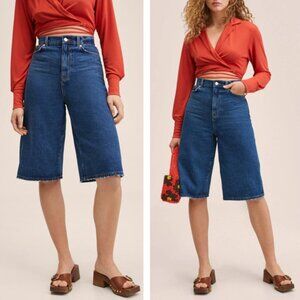 NWT MANGO Denim Wide Leg Bermuda Shorts Sz XXS Distressing